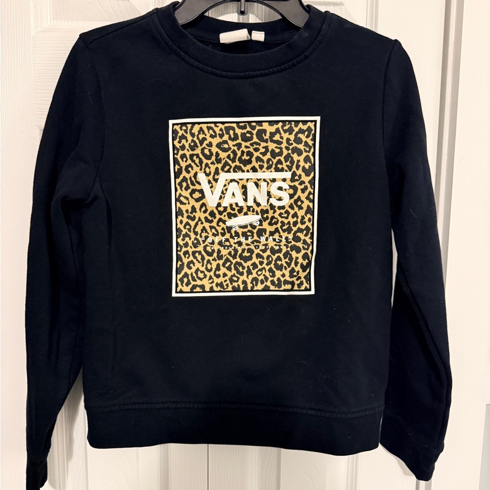 Vans Black Sweatshirt with Leopard Print Logo Panel